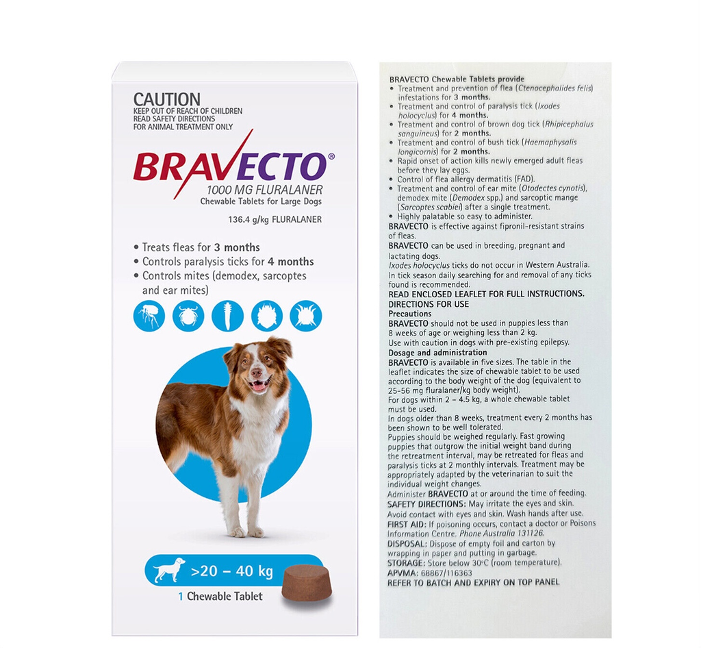 Bravecto 1000mg Flea & Tick Chewable Tablets for Dogs (20-40kg)_1