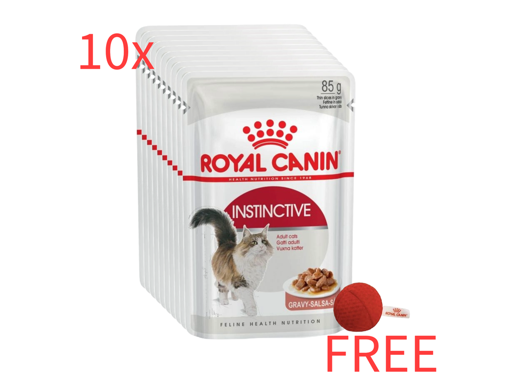 Royal Canin: 10 Feline Health Nutrition Instinctive Adult Cats Gravy Wet Food 85g Pouches with Free Royal Canin Red Catnip Ball