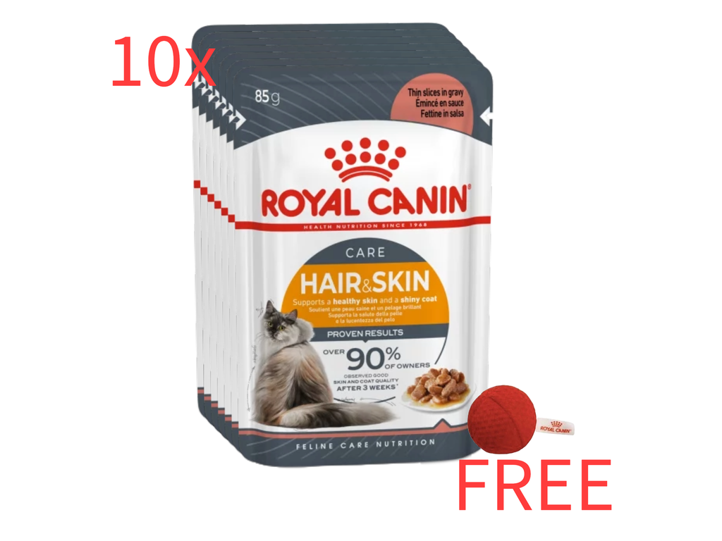 Royal Canin: 10 Feline Care Nutrition Hair & Skin Gravy Intense Beauty Wet Food 85g Pouches with Free Royal Canin Red Catnip Ball