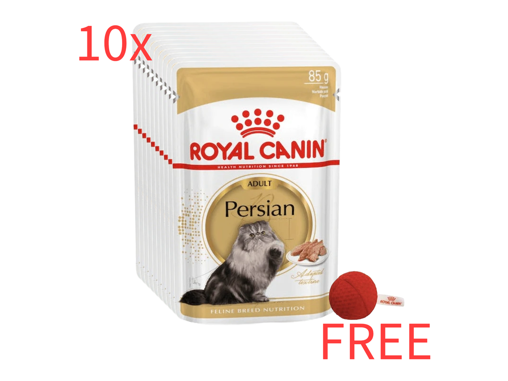 Royal Canin: 10 Feline Breed Nutrition Persian Adult Wet Food 85g Pouch with Free Royal Canin Red Catnip Ball