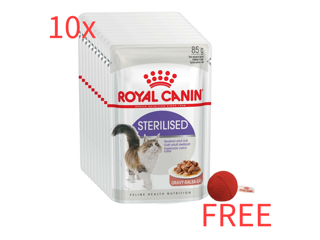 Royal Canin: 10 Feline Health Nutrition Sterilized Wet Food 85g Pouch with Free Royal Canin Red Catnip Ball