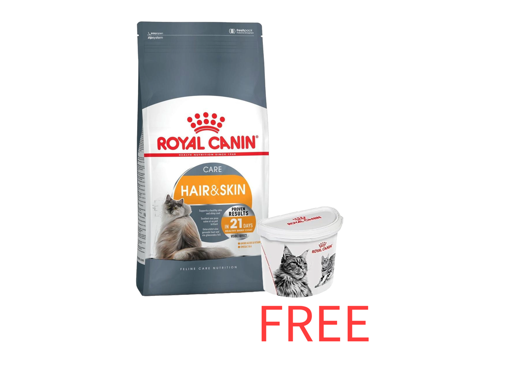 Royal Canin: Feline Care Nutrition Hair & Skin 2kg bag with Free Royal Canin Dry 2kg Cat Food Container