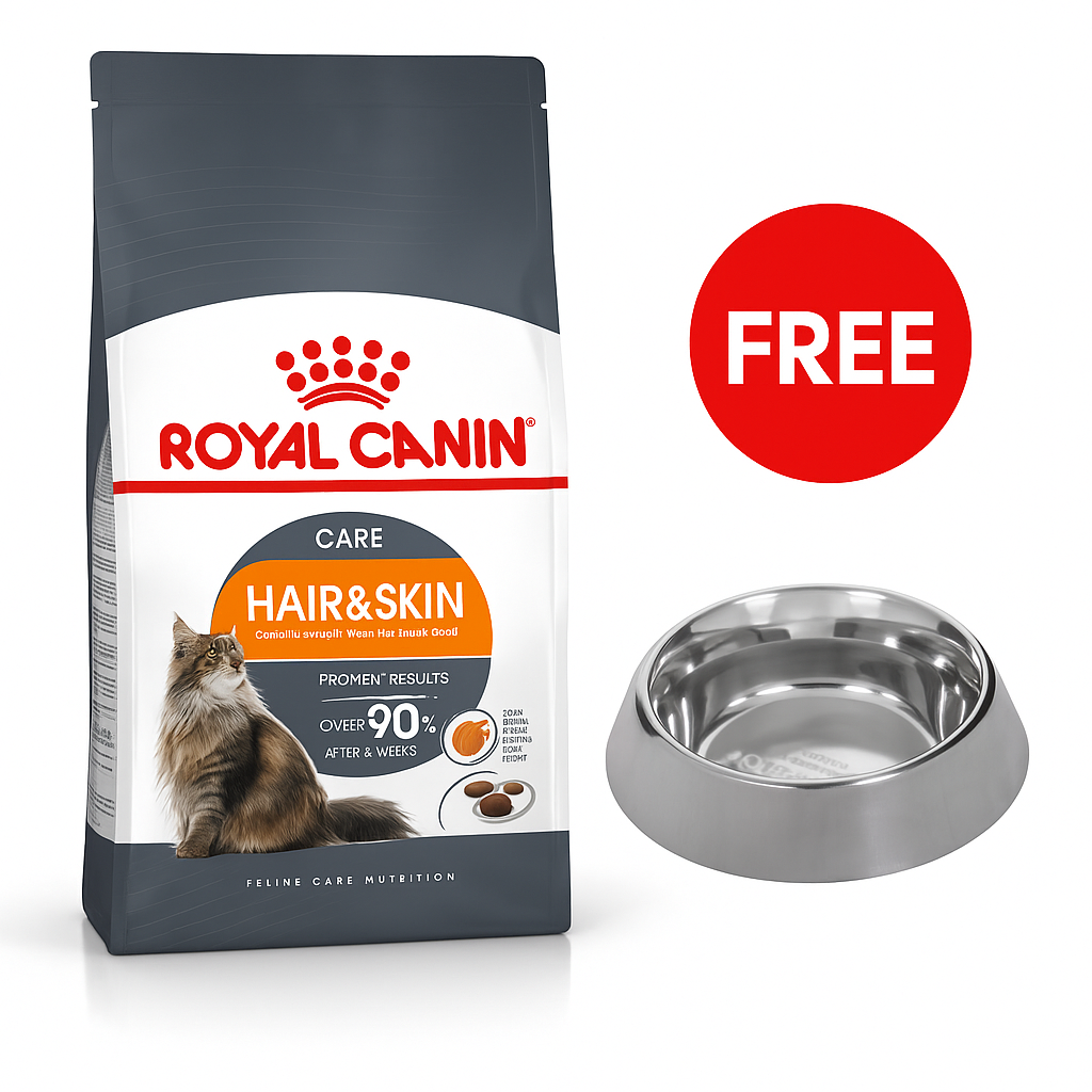 Royal Canin: Feline Care Nutrition Hair & Skin 10kg bag with Free Royal Canin 340ml Stainless Steel Bowl For Cats
