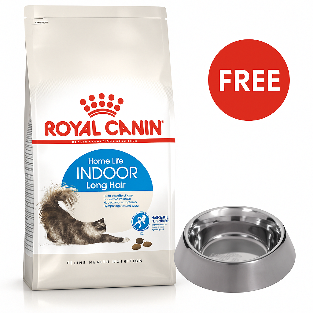 Royal Canin: Feline Health Nutrition Indoor Long Hair - 2kg with Free Royal Canin Stainless Steel Bowl for Cats 