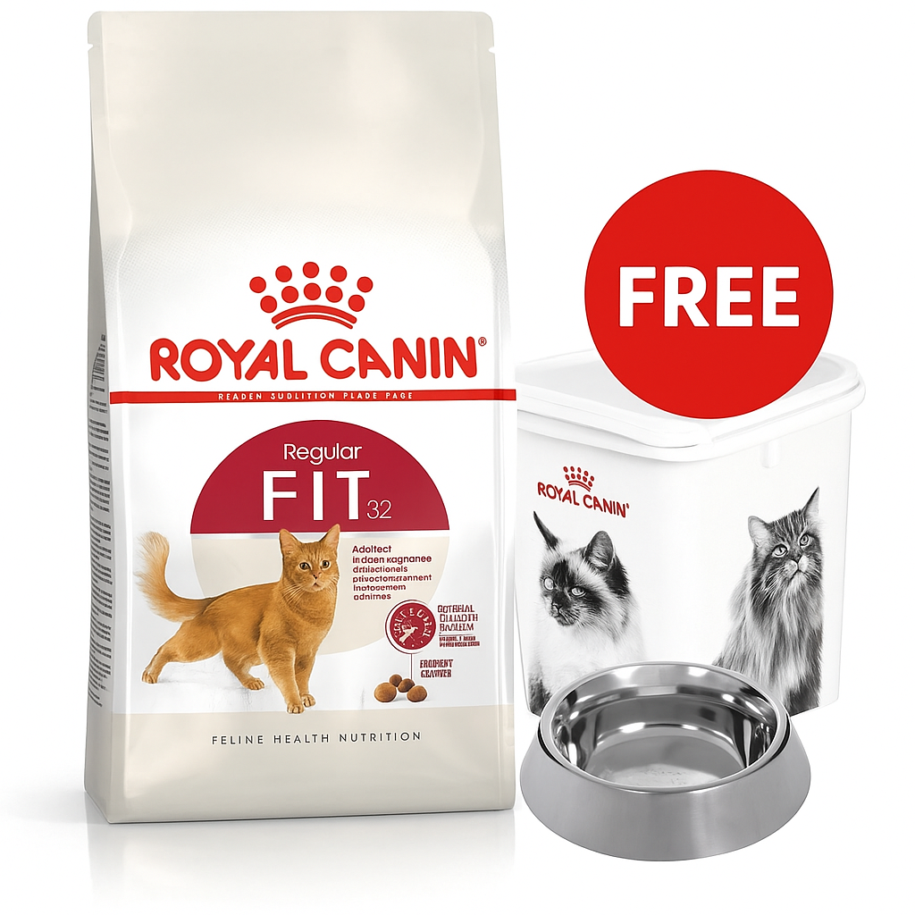 Royal Canin: Feline Health Nutrition Fit 32 - 10kg with Free Royal Canin Plastic Square Container Cat - 10Kg and Royal Canin Stainless Steel Bowl For Cats - 340ml