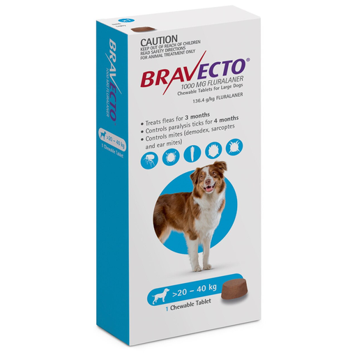 [30138100646] Bravecto 1000mg Flea & Tick Chewable Tablets for Dogs (20-40kg)