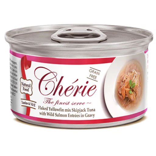 [30138100694] Cherie: Flaked Yellowfin mix Skipjack Tuna with Wild Salmon EntrÃ©es in Gravy - 80g