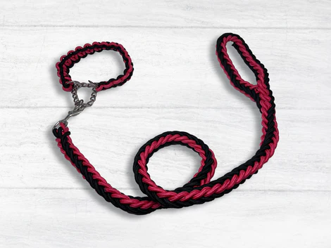 [30138100028] Braided Dog Leash - Large, Black & Pink